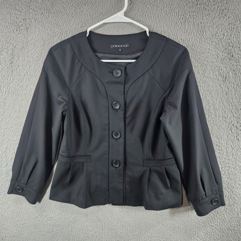 Theory Womens Black Wool Blend Peplum Button‎ Front Jacket Blazer Size 6